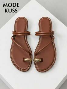 MODE KUSS Women's Fashion Commuter Style Round Toe Strap PU Open Toe Slip-On Comfortable Summer Popular Sandals Women's Flat Sandals, Flip Flops, Brown, Gold - Brown - View 2