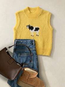 Rompi Sweater Rajut Longgar Motif Sapi Minimalis Kasual untuk Wanita - Kuning - View 2