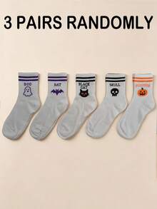3-5 pares de calcetines de media caña para mujer de Halloween, con patrón de murciélago, fantasma, calabaza, gato negro y calavera, calcetines acanalados con puño a rayas, lindos y casuales - Multicolor - Ver 7