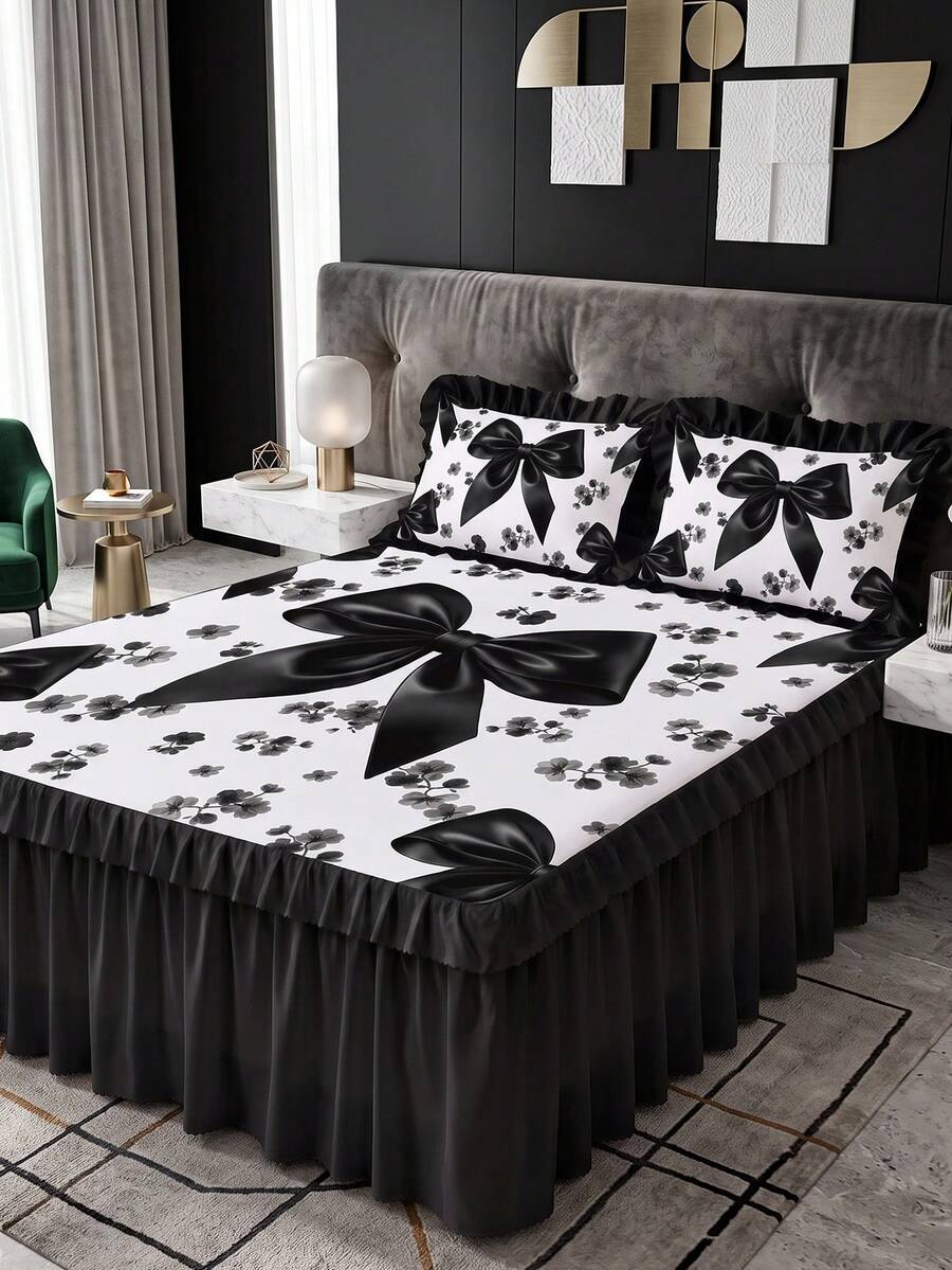 1pc Ruffle Bed Skirt, Black Bow Print Bedding, Bed Cover, Mattress Protector, Room Decor, Home Textiles, Soft Breathable Comfortable Lightweight, Suitable For Single/Double/Queen/King Size Bed, Dust-Proof Anti-Slip, All Season, Machine Washable