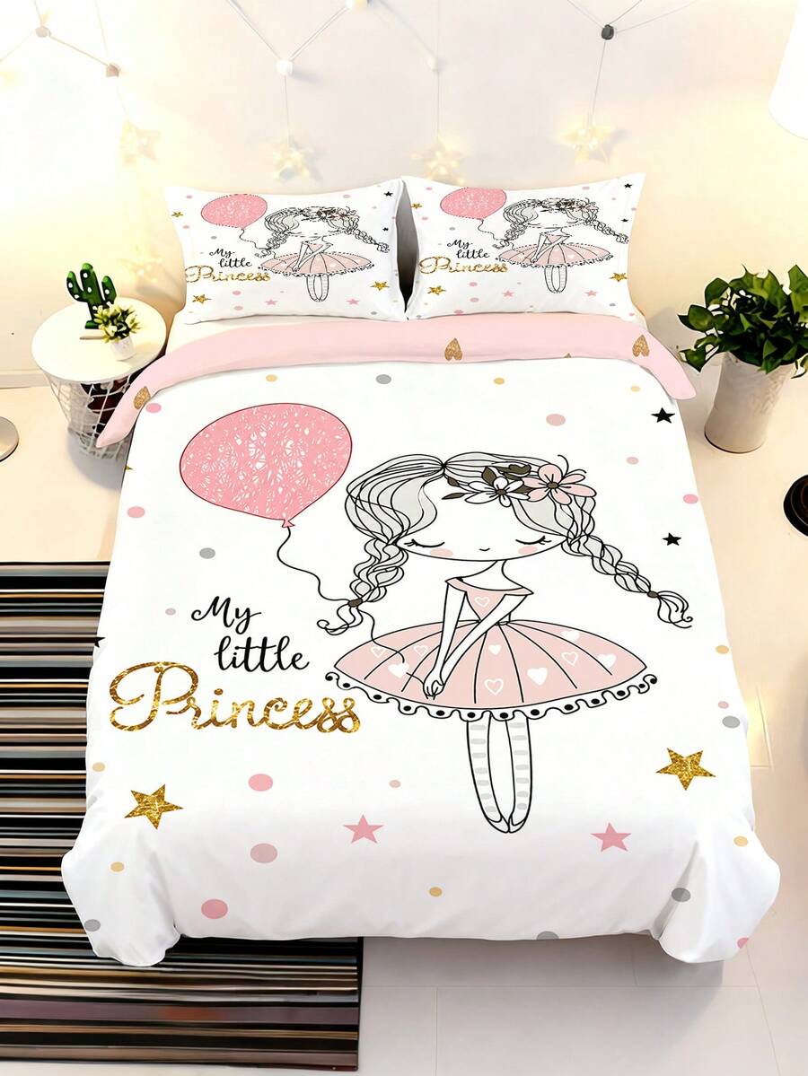 2/3-teiliges süßes Ballerina-Prinzessin-Bettwäsche-Set für Mädchen, rosa Ballon-Polka-Dot-Sterne-Bettbezug-Set, (Twin/Full/Queen/King-Größe) - Verschiedenfarbig - Übersicht 1