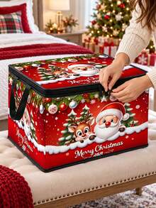 New Christmas Santa Claus Pattern Foldable Fabric Storage Box With Zipper Closure Lid And Dual Side Handles, Thick Wear-Resistant Oxford Cloth Dust-Proof Stackable Holiday Storage Bin, Large Capacity Collapsible Organizer For Christmas Decorations, Gift Wrapping Paper, Blankets, Pillows, Seasonal Home Decor, Wardrobe And Bedroom Clutter, Christmas Home Essential, Travel Essential - Multicolor - View 9