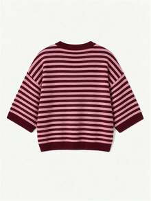 Women's New Autumn Contrast Color Striped Knit Top, Casual Daily Commute College Style - Maroon and Pink - View 10