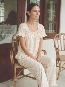 RS Pajama1 Floral Print Bubble Crepe Ruffle Short Sleeve Set, With Bow Decoration, Square Neck Loose Fit - Apricot - View 4