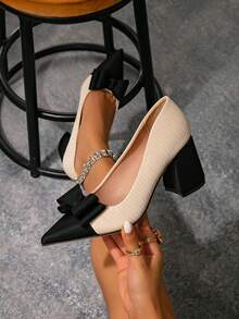 Women's Bow Chunky Heel Pointed Toe Low Vamp High Heel Pumps, Commuter Versatile Comfortable Elegant Shoes - Black and White - View 2