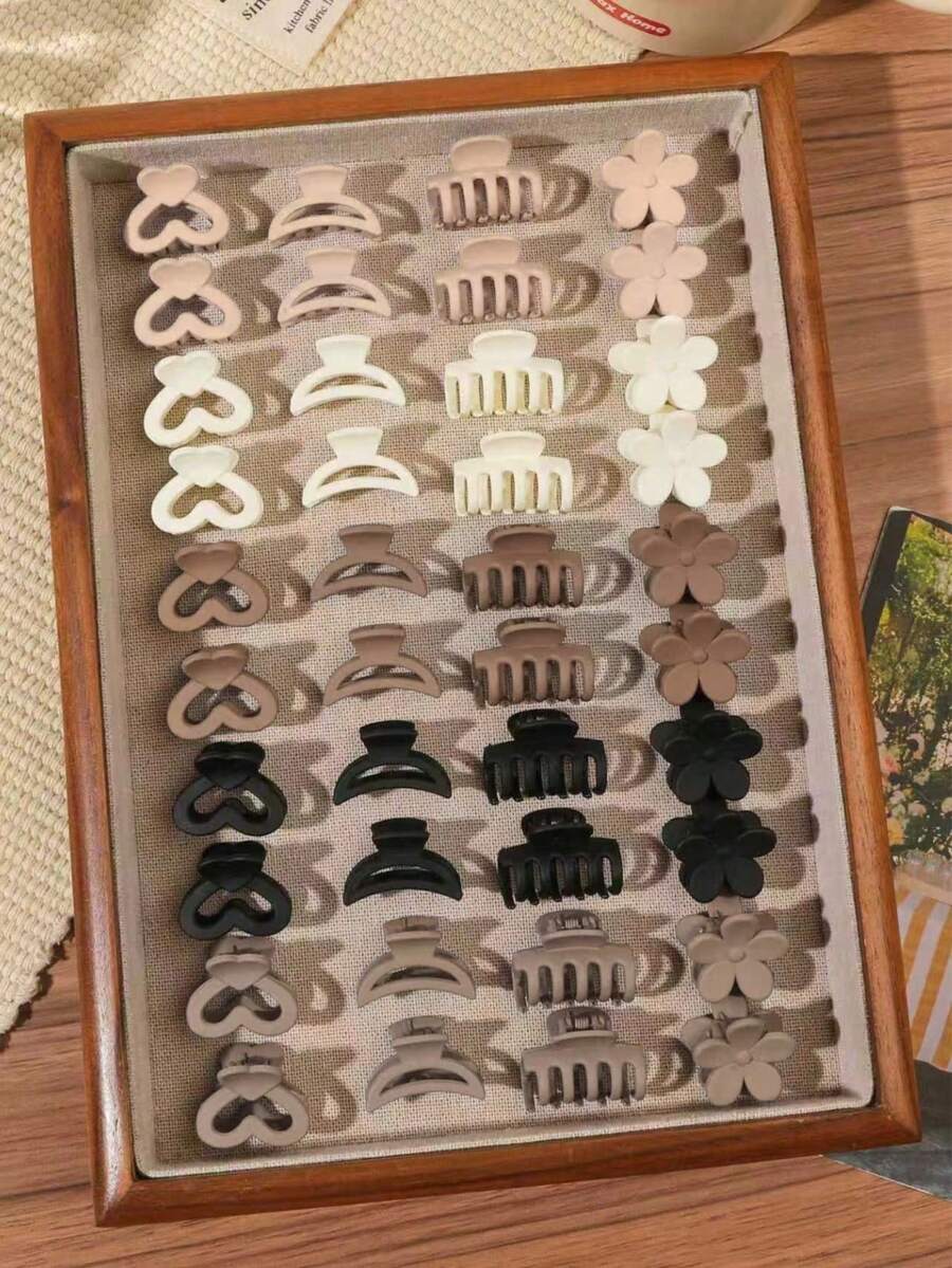 40件/組牛奶咖啡色美拉德風小愛心月亮新月骨花髮夾 側瀏海夾 半紮髮飾 韓系溫柔極簡風 - 彩色 - 查看 1