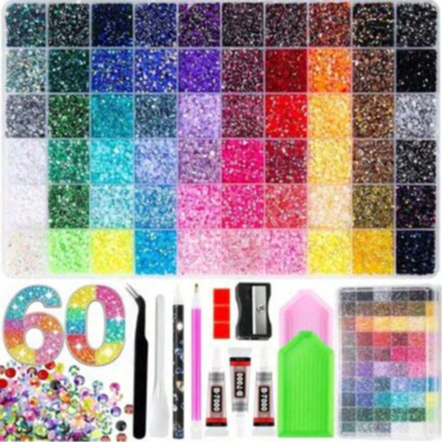 Sparkling Set 48,000pcs 24/60 Colors Resin, Multi-Color Flat Back Rhinestones, Inlay Set Includes 4pcs 10ml B7000 Glue, Women's Christmas Birthday Gift, Inlay Room Decor - DIY Rhinestones - View 1
