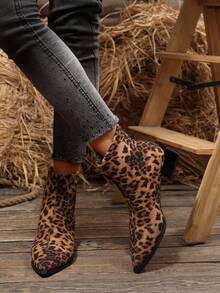 Women's New Autumn/Winter Ankle Boots & Ankle Boots, Suede Pointed Toe Square Heel Elastic Slim Fit, Back Zipper Leopard Print Versatile Commuter Low Heel Ankle Boots - Leopard - View 5