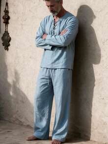 GOLDREDY Summer Men's Vintage Cross Strap V-Neck Top & Drawstring Wide Leg Pants Beach Vacation Casual Set - Blue - View 2