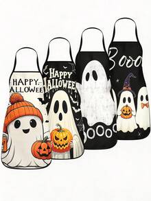 1pc/2pcs/4pcs Halloween Theme Apron, Cute Ghost Pumpkin Black Cat And Spider Web Print, Adjustable Halter Waterproof Kitchen Chef Apron, Suitable For Cooking Baking, Halloween Party Decoration, Gift For Women - Multicolor - View 1