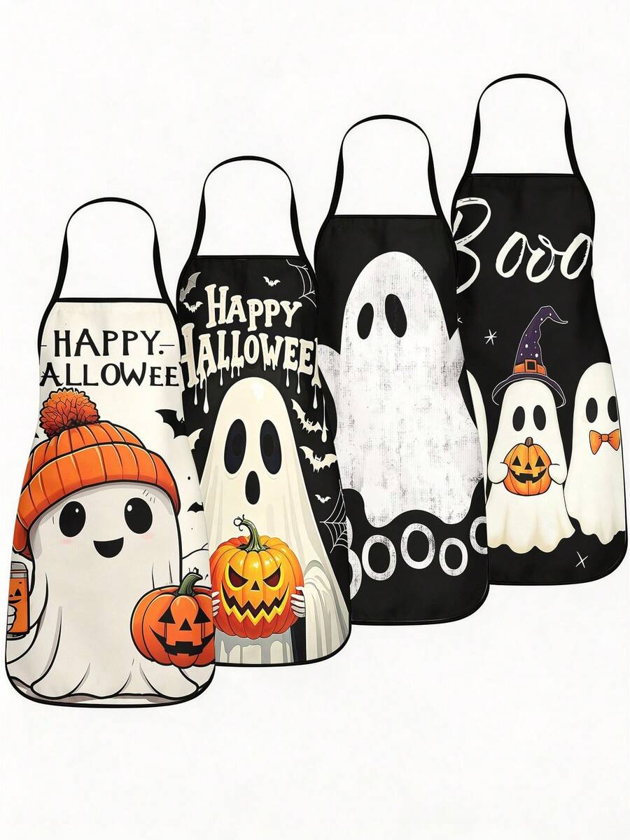 1pc/2pcs/4pcs Halloween Theme Apron, Cute Ghost Pumpkin Black Cat And Spider Web Print, Adjustable Halter Waterproof Kitchen Chef Apron, Suitable For Cooking Baking, Halloween Party Decoration, Gift For Women - Multicolor - View 1