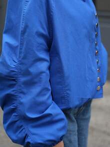 Solstice Apparel Klein Blue Stand Collar Jacket, Asymmetric Metal Button Ruched Balloon Sleeve Coat - Blue - View 7