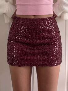 SCARLUX Fall Women Y2K Sequin Mini Skirt, Bodycon Skirt For Back To School, Daily Commute And Party - Burgundy - View 6