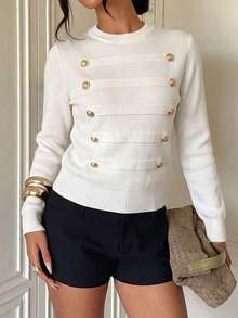 Women's Fashion White Top With Gold Faux Buttons, Autumn Fashion Outfit - White - View 6