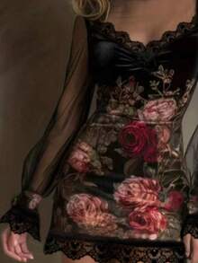Gaun Wanita Baru Seksi dengan Hiasan Renda dan Patchwork Jala, Warna Hitam Elegan untuk Liburan Musim Gugur - Hitam - View 2