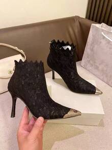 Women's Pointed-Toe Ankle Boots, Metal Toe Cap, Wavy Shaft Edge, Slim Stiletto Heel, Side Zipper - Black - View 8