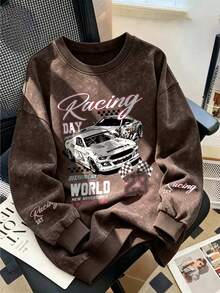 Racing-Themed Print Vintage-Style Tie-Dye Crewneck Sweatshirt, Soft And Comfortable,Suitable For Autumn And Winter Outfits. - Brown - View 2