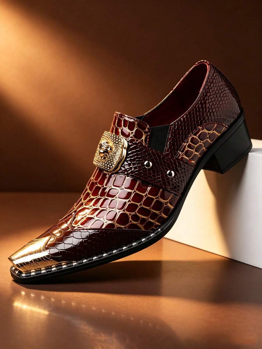 QRLQRL 1 Pair Men's Snakeskin Pattern Ornate Fashion Retro Microfiber Leather Rivet Metal Decor Buckle Dress Casual Shoes Suitable For Party And Daily Activities - Red - View 1