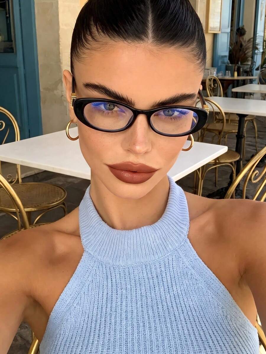 1 Pair Women's Black Oval Versatile Personalized Plain Lens Glasses, Suitable For Gaming, Watching TV, Computer And Phone, Unisex Eyewear Accessory - Black Flat - View 1
