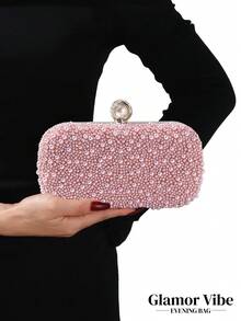 Elegant Pearl & Rhinestone Spiral Pattern Evening Clutch, Pearl Buckle Handbag - Pink - View 3