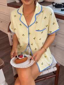 2pcs/Set Women's Comfortable Yellow & White Plaid Lemon Print Short Sleeve Collared Top And Shorts Pajama Set, Suitable For All Seasons - Yellow - View 4