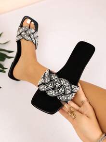 Black Woven Texture One-Strap Slides All-Match Style Women's Pearl Rhinestone Wrapped Decor Square Toe Flat Lightweight Versatile Daily Commute Luxury Casual Sandals - Black - View 3