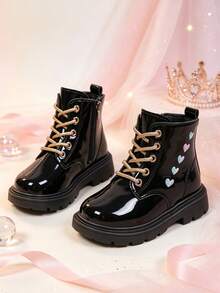 1 Pasang Sepatu Bot Pendek Anak Perempuan Motif Hati Mengkilap, Ujung Bulat, Sol Lembut, Desain Resleting Dalam untuk Menambah Tinggi Badan, Sepatu Bot Putri yang Modis dan Imut, Cocok untuk Pemakaian Sehari-hari, Liburan, Sekolah, Gaya Baru Musim Gugur/Dingin - Hitam - View 3