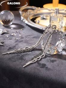 Cold Luxury! Black & White Rhinestone Long Tassel Earrings Rhombus Intertwined Design | Exaggerated Statement Earrings For Evening Parties - Silver - View 3