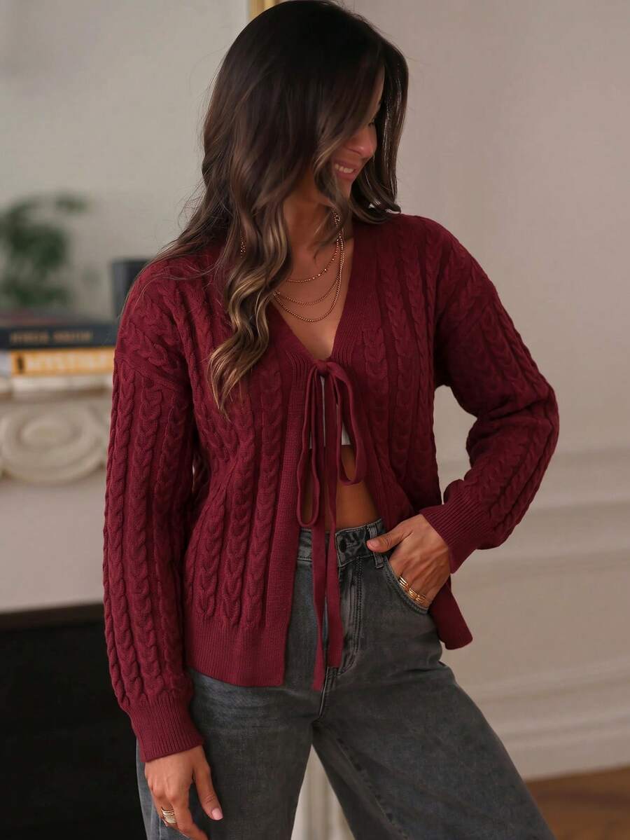 Women's Plus Size Burgundy Cable Knit Tie-Front Cardigan, Long Sleeve, Regular Length, Medium Stretch, Suitable For Autumn/Winter Wear - Burgundy - View 1