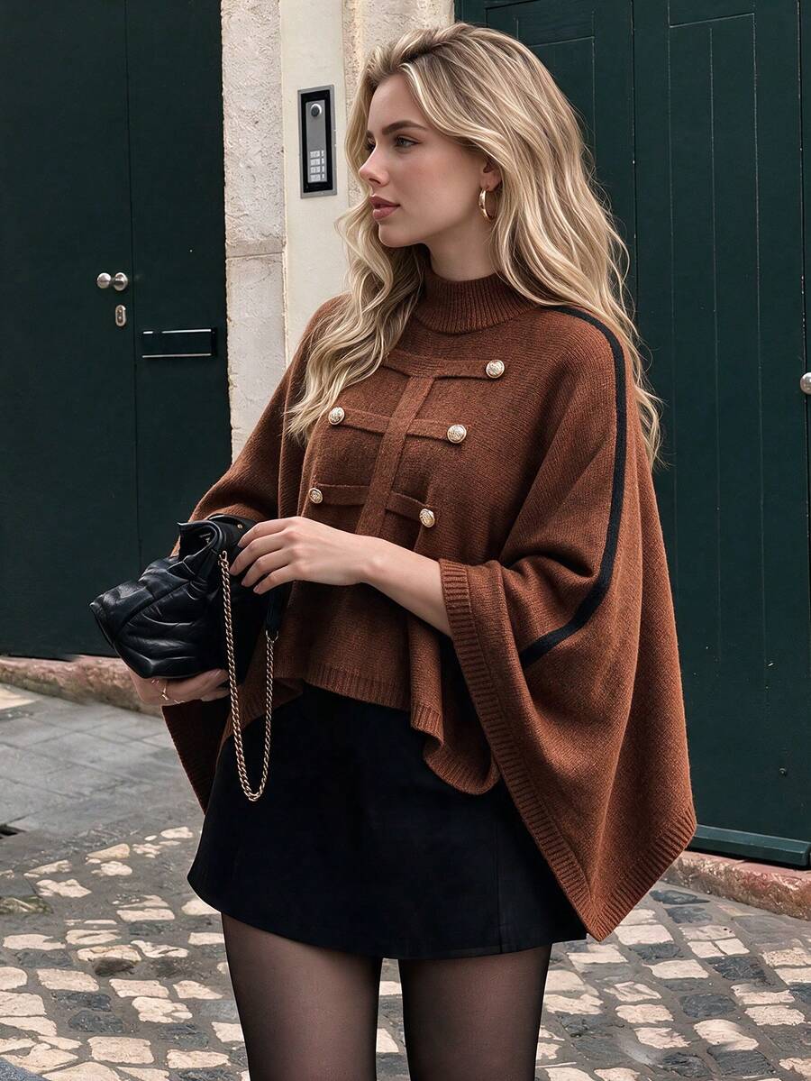 NOVELLE Women's Autumn/Winter Coffee Color Sleeveless High Neck Poncho Knit Pullover, Asymmetrical Loose High Neck Sweater, Suitable For Daily Commute - Coffee Brown - View 1