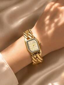 LIANDU 1 Niche Retro Gold Stainless Steel Square Small Dial Watch, Fashionable, Elegant And Gorgeous Style Women's Watch, Suitable For Daily Wear - Gold - View 6