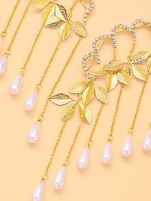 1pc Elegant Leaf Water Drop Pearl Tassel Choker Necklace, Rhinestone Decorated Open Collar Exaggerated Necklace, Women's Wedding Party Jewelry - Rhinestones - View 8