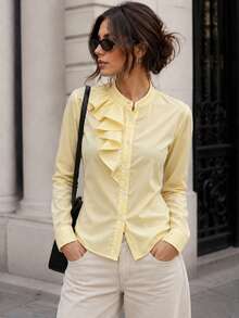 SwallowLucky Women's Solid Color Button Front Ruffle Trim Long Sleeve Blouse Elegant Casual Shirt For Spring Autumn Work Vacation Daily Wear - Yellow - View 4