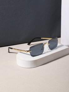 1 PC Men's Retro Rimless Rectangle Fashion Glasses Lightweight Metal Material Soft Tinted Lens For Beach Vacation Outing With Glasses Box - Multicolor - View 4