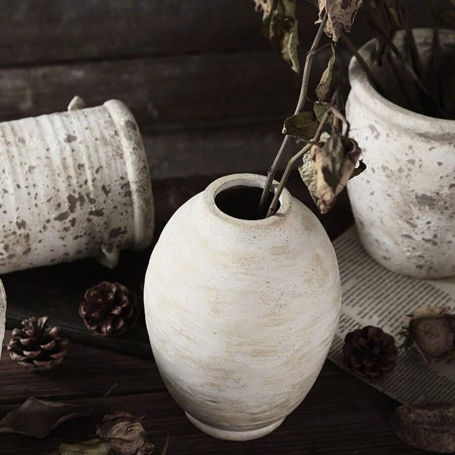1pc Wabi Sabi Style Large Floor Standing Ceramic Vase, Retro Rough Pottery Decorative Jar, Dried Flower Arrangement Vase For Living Room Home Decor - Beige - View 1