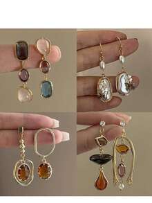 8pcs Vintage Niche Design Asymmetric Zirconia Earrings Set, Daily Wear - Yellow Gold - View 3