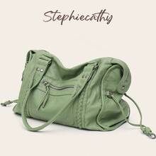 STEPHIECATHY Fashion Casual Cool Street Style Soft Brushed Washed PU Faux Leather Zipper Pocket Braided Large Capacity Fits 13 Inch Laptop Slouchy Silhouette Bag - Mist Green - View 6