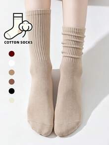 1/6 Pairs Women's Maillard Color Solid Slouch Cotton Socks, Suitable For Daily Wear, Comfortable And Soft - Multicolor - View 6
