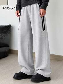 1pc Men's Spring/Autumn American Minimalist Street Sports Style Striped Structured Wide Leg Casual Long Pants - Light Grey - View 1