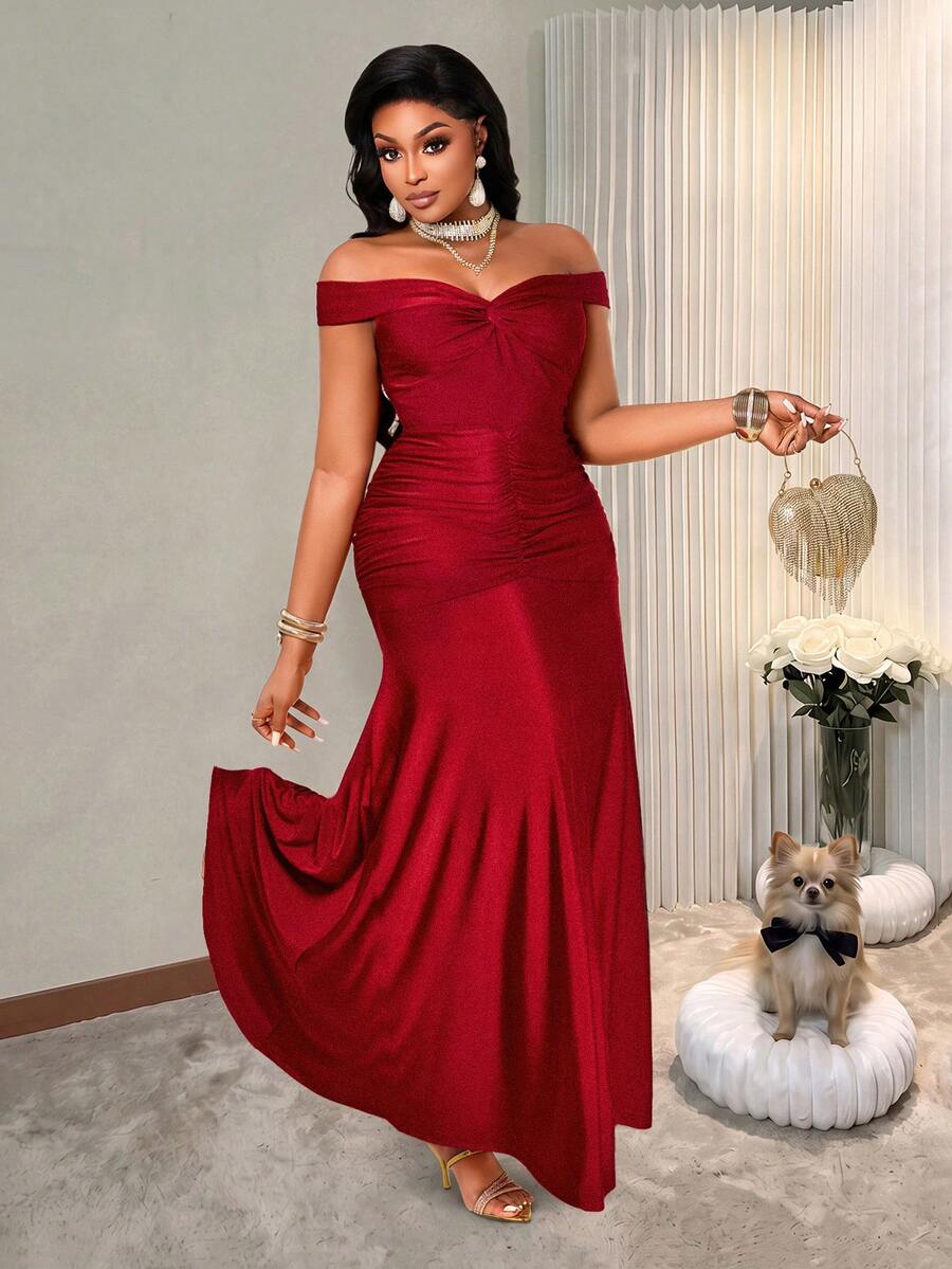 BIUBIU Formal Plus Size Red Off Shoulder Bodycon Prom Dress, Elegant Knitted Flared Long Gown With Ruched Twist Details For Women's Parties & Evening Events - Burgundy - View 1