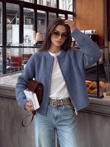 Autumn/Winter Back To School Season Zip-Up Women's Cardigan Sweater Knit Jacket, Slouchy Short Knit Top - Misty Blue - View 2