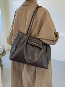 Fashionable And Minimalist Coffee Colored PU Material Women's Tote Bag, Minimalist And High-End Hardware Large Capacity Shoulder Bag/Commuting Bag - Coffee Brown - View 2