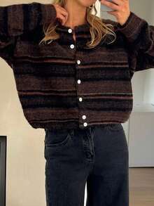 Women's Vintage Striped Knit Cardigan Sweater Jacket, Winter - Brown - View 2