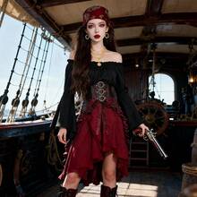 Figurbetonendes schwarzes Schulterkleid im Punk-Stil, Trompetenärmel, breiter Taillengürtel, kurzes Partykleid im Retro Look - 8083 Schwarz (Oberteil + Taillierung) - Übersicht 4