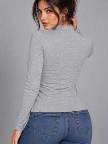 Camiseta de Capa Base de Cuello Semi-Alto para Mujer, Estilo Otoño-Invierno, Manga Larga Ajustada, Varias Opciones de Color - Gris - Ver 3
