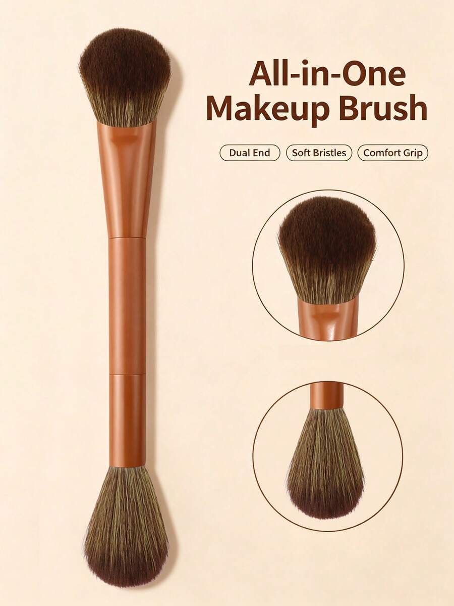 1pc Dual-Ended Makeup Brush With Soft Fiber Bristles, Multi-Functional Face Makeup Brush, Suitable For Foundation, Blush, Highlighter, Contour And Other Uses, Travel Makeup Tool Gift For Women And Girls - Coffee Brown - View 1