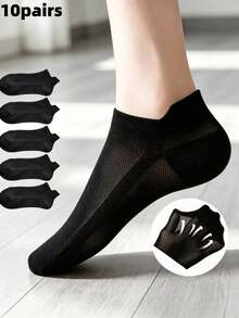5/10/20 Pairs Breathable Mesh Invisible Short Socks, Unisex Solid Color Ultra-Thin Low-Cut Summer Socks, Anti-Slip Heel Grip Comfortable - Black - View 17