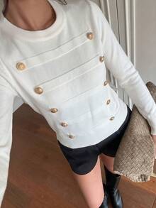 Women's Fashion White Top With Gold Faux Buttons, Autumn Fashion Outfit - White - View 5