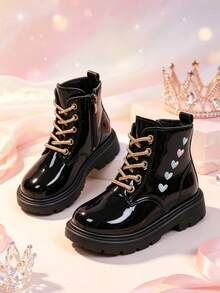 1 Pasang Sepatu Bot Pendek Anak Perempuan Motif Hati Mengkilap, Ujung Bulat, Sol Lembut, Desain Resleting Dalam untuk Menambah Tinggi Badan, Sepatu Bot Putri yang Modis dan Imut, Cocok untuk Pemakaian Sehari-hari, Liburan, Sekolah, Gaya Baru Musim Gugur/Dingin - Hitam - View 1