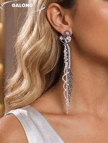 Cold Luxury! Black & White Rhinestone Long Tassel Earrings Rhombus Intertwined Design | Exaggerated Statement Earrings For Evening Parties - Silver - View 4